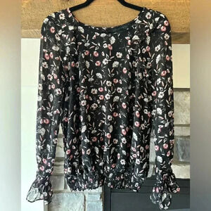 Sanctuary Blouse M Black Floral Ruffle Flounce Whimsigoth Fairy Dark Romantic
